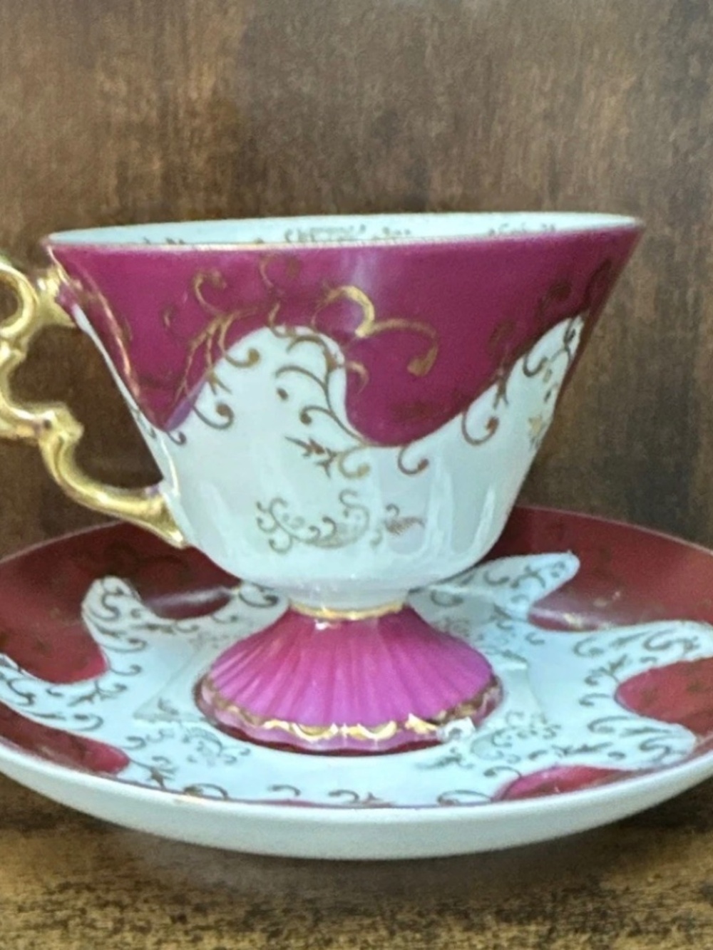 Tea Cup & Saucer Set Made in Japan Porcelain Burgundy White Gold Decorated